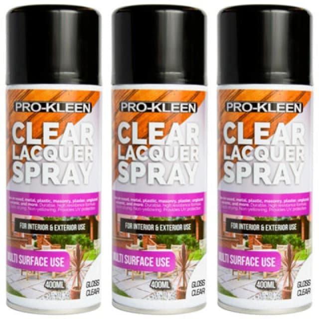 ProKleen Clear Lacquer Spray Protects & Seals Multi Surface Use Gloss 3 x 400ml Clear