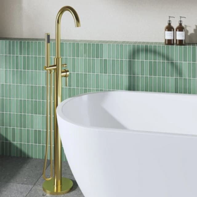 nuie Aztec Tec Floor Standing Bath Shower Mixer - Brushed Brass, Brown CLX821