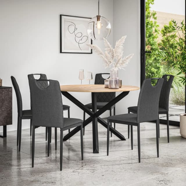 More4Homes Malvern Round Dining Table And Chairs - Oak Table Top W Solid Oak Black Legs + Monza Fabric Dining Chair Set Of 6 (Charcoal)