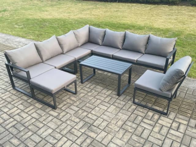 Fimous Aluminium 9 Seater Patio Outdoor Garden Furniture Lounge Corner Sofa Set with Oblong Coffee Table Big Footstool Dark Grey Dark Grey Unisex