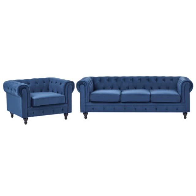 Beliani Living Room Set 4 Seater Chesterfield Velvet Navy Blue