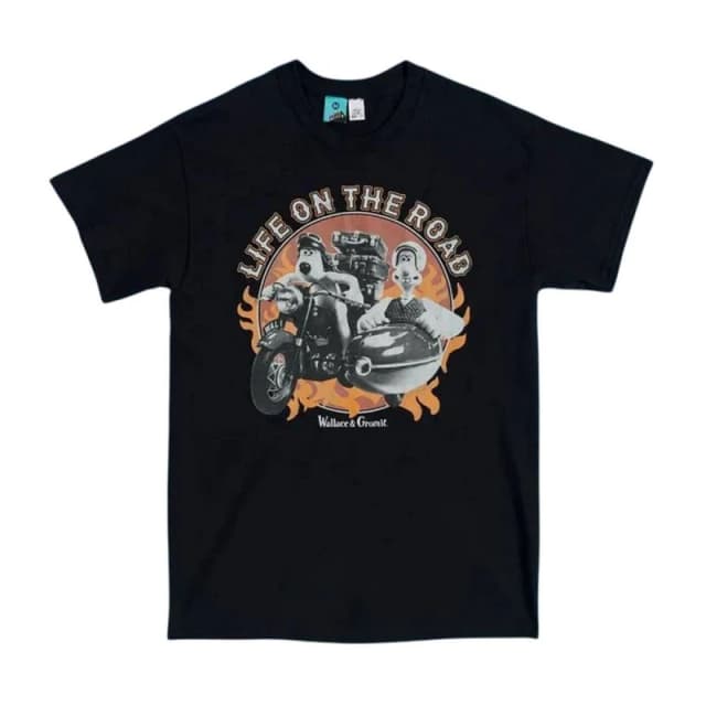 Wallace & Gromit Mens Life On The Road Biker Back Print T-Shirt in Black Size: Medium Black Male M