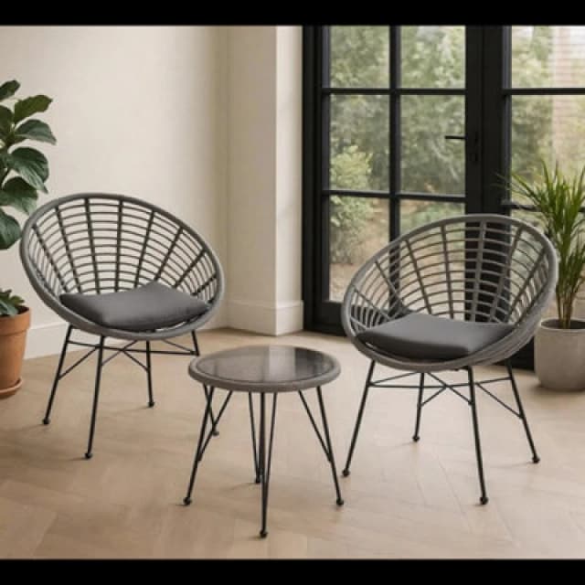 Home Republic 3Pc Black Rattan Bistro Set With Cushions Outdoor Garden Chairs And Glass Table For Patio