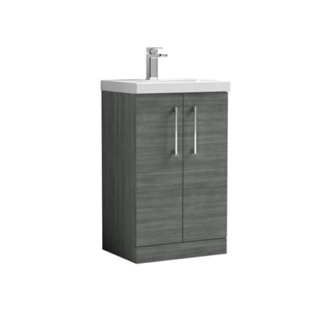 Balterley Contemporary Bathroom Floor Standing 2 Soft-Close Door Vanity Unit & Mid-Edge Ceramic Basin, Anthracite Woodgrain, 500mm in Grey Grey Unisex