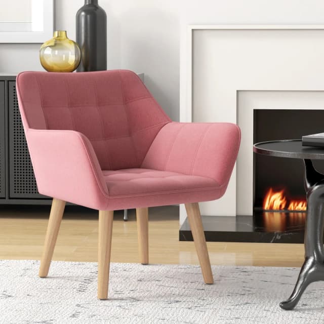 HOMCOM Velvet-Feel Pink Accent Chair with Arms Slanted Back Wood Legs - Pink TJ Hughes 5061025019175