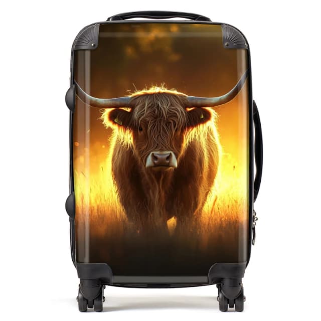 Warren Reed - Designer Highland Cow Sunset Suitcase in Orange Size: Cabin Orange Unisex Cabin