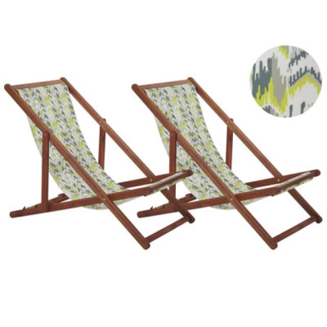 Beliani Set Of 2 Folding Deck Chairs Anzio With Replacement Fabrics Abstract Motif Acacia Wood Dark Brown