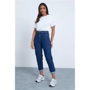 I Saw It First Dark Wash Roll Hem Mom Jeans - Blue