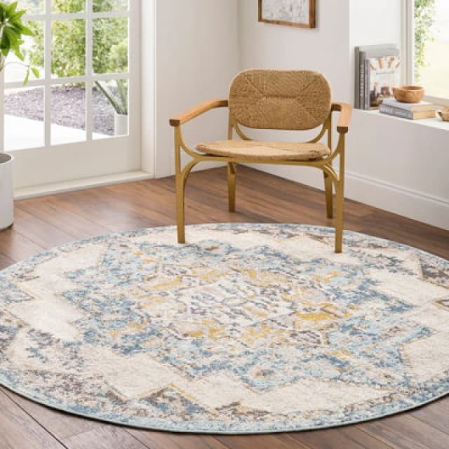 Livabliss Round Vintage Oriental Boho Sky Blue Agra Area Rug 160 X 160 Cm - Easy Care, Non Shedding, Ideal For Living Room & Bedroom