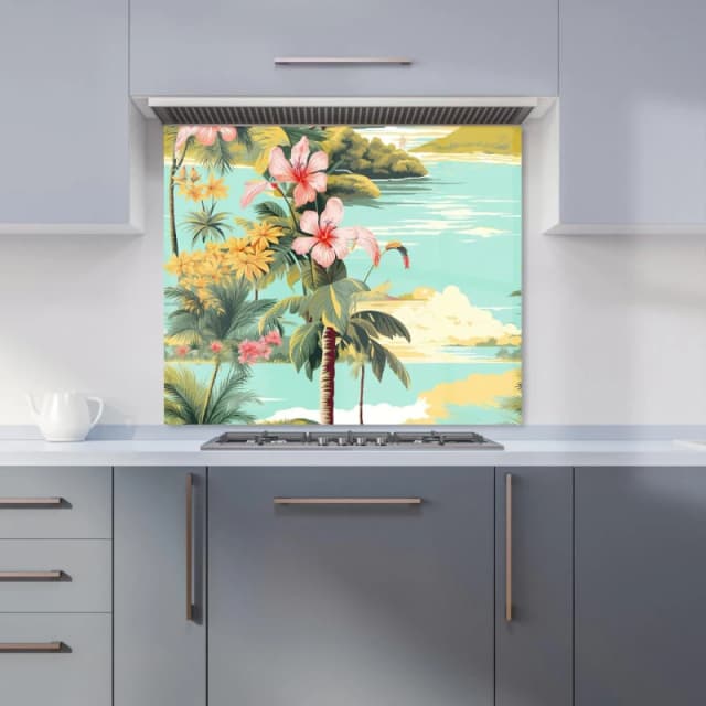 Warren Reed - Designer Palm Trees & Hibiscus Kitchen Splashback in Green Size: 600mm x 750mm Green Unisex 600mm x 750mm