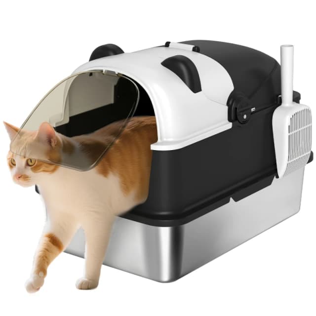 PawHut XL Stainless Steel Litter Box Tray with Lid, Panda Style, Black D31-148V00BK