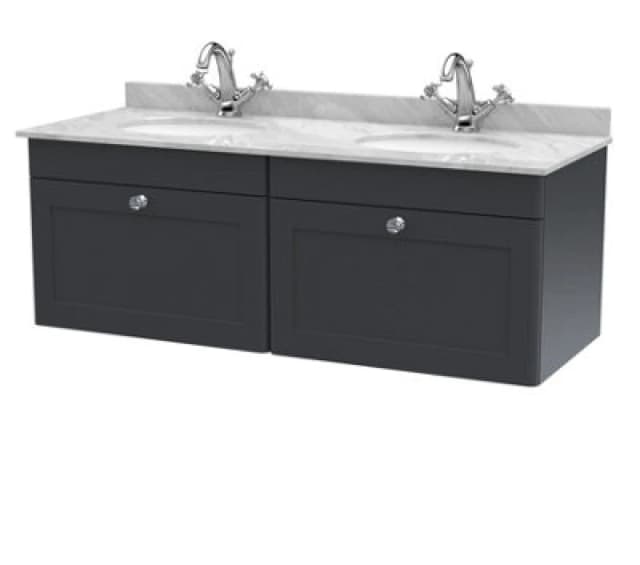 Nuie Classique Wall Hung 2 Drawer Unit & 1 Tap Hole Grey Marble Top With Oval Basin, Sink Vanity Unit In Soft Black With White