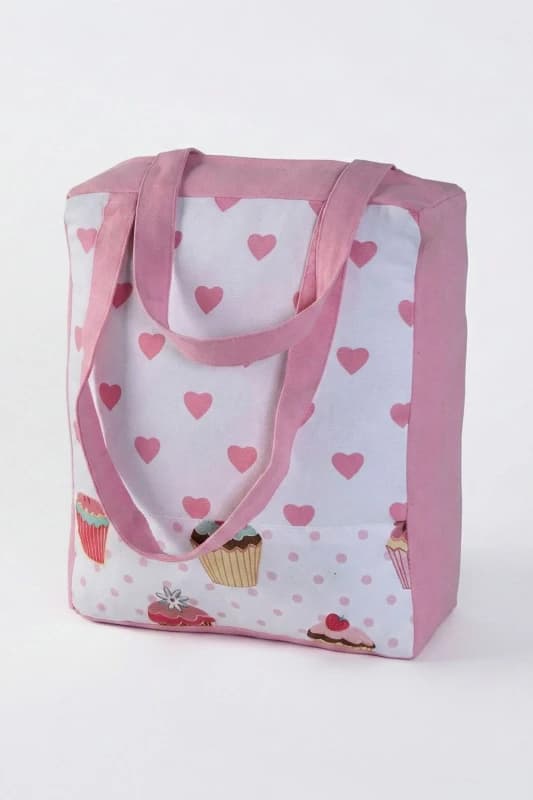 Homescapes Cotton Pink Hearts Cup Cakes Design Shopping Bag, 27 x 32 x 11cm Pink unisex