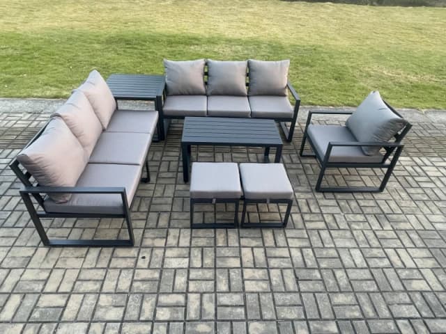 Fimous Aluminium 9 Seater Garden Furniture Outdoor Patio Sofa Set with Rectangular Coffee Table Armchair 2 Small Footstool Side Table in Dark Grey Dar