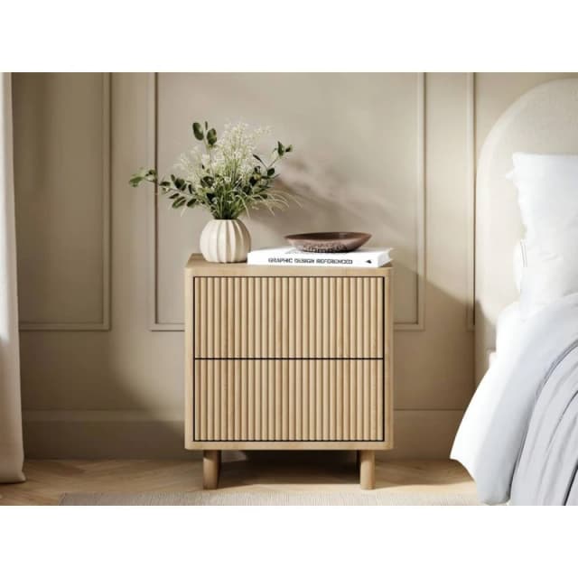 Solace+Co Velmor 2 Drawer Ribbed Bedside Table in Light Oak Light Oak Unisex