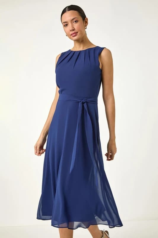 Roman Womens Chiffon Pleated Neck Midi Dress in Navy Size: 12 Navy Female 12