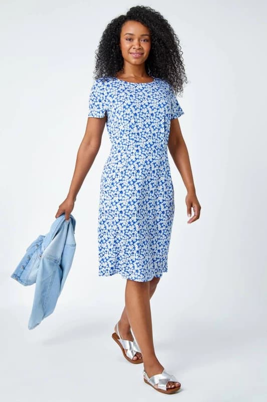 Roman Womens Ditsy Floral Pocket Stretch Dress in Blue Size: 12 Blue Female 12