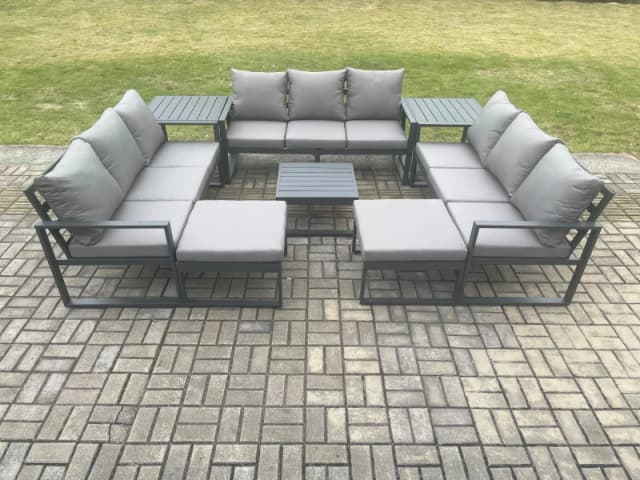 Fimous Aluminium Outdoor Garden Furniture Set Patio Lounge Sofa with Square Coffee Table 2 Side Tables 2 Big Footstools Conservatory Set in Dark Grey