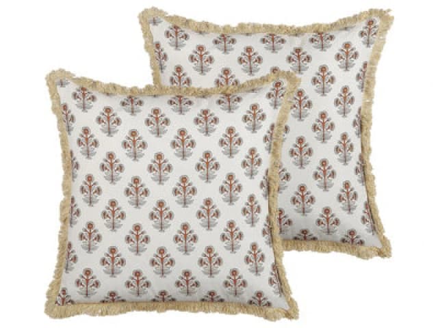 Beliani Set Of 2 Decorative Cushions Omorika Cotton 45 X 45cm White Floral Pattern