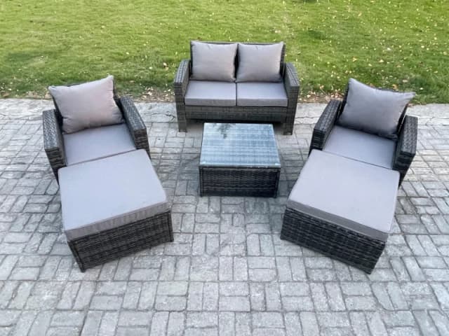 Fimous 6 Seater Rattan Outdoor Garden Furniture Sofa Set Table & Chairs with 2 Big Footstool Dark Grey Mixed Dark Grey Unisex