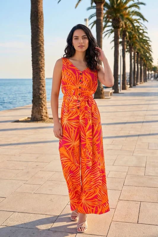 Dusk Womens Palm Print Belted Jumpsuit in Orange Size: 12 Orange Female 12