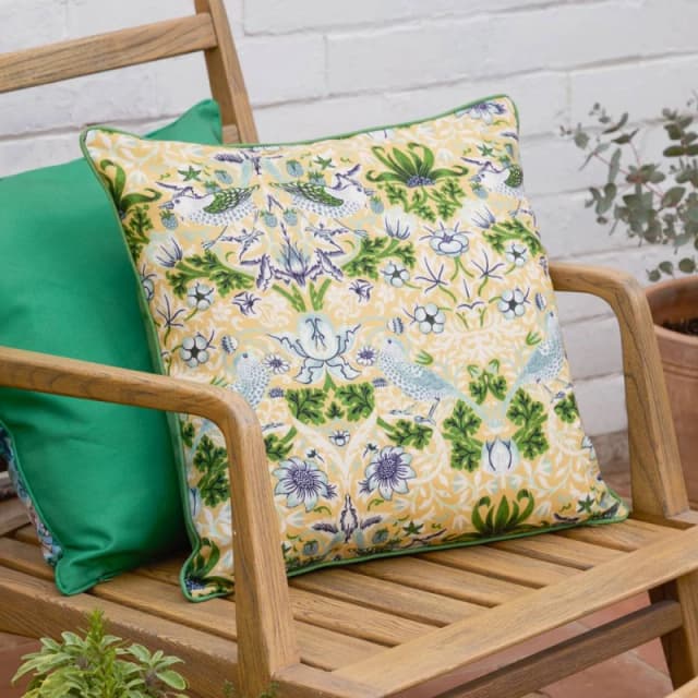 Morris & Co Strawberry Thief Piped Outdoor Cushion in Yellow Size: 50cm x 50cm Yellow Unisex 50cm x 50 cm