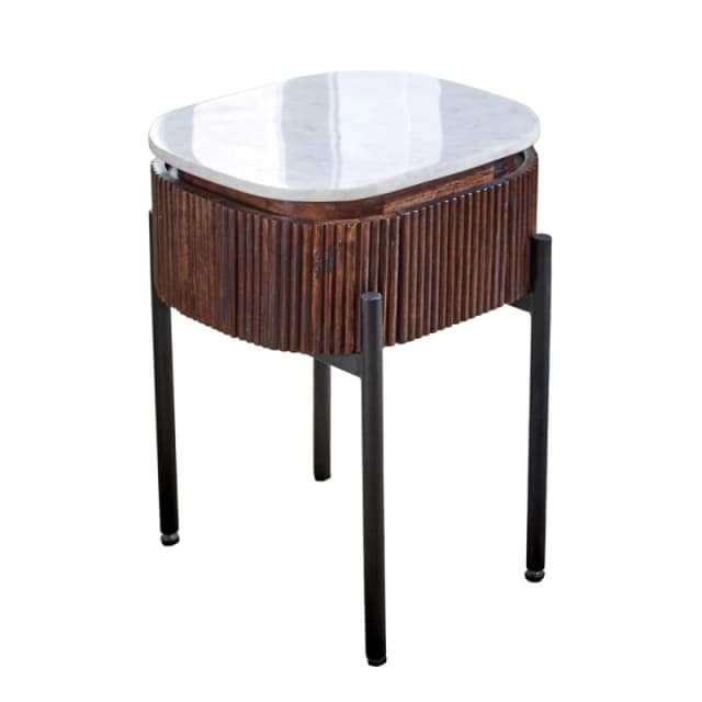 Indian Hub Opal Mango Wood Bedside Table With Marble Top & Metal Legs