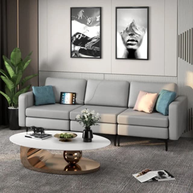 Costway Modern 3-Seat Sofa Upholstered Modular Sofa Couch W/ USB Charging Ports