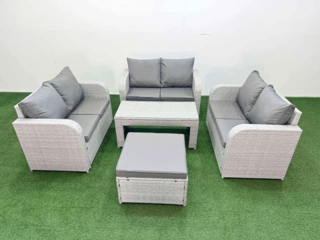 Fimous 7 Seater PE Wicker Rattan Furniture Sofa Sets with Oblong Coffee Table 2 Seater Love Sofa Big Footstool Light Grey Light Grey