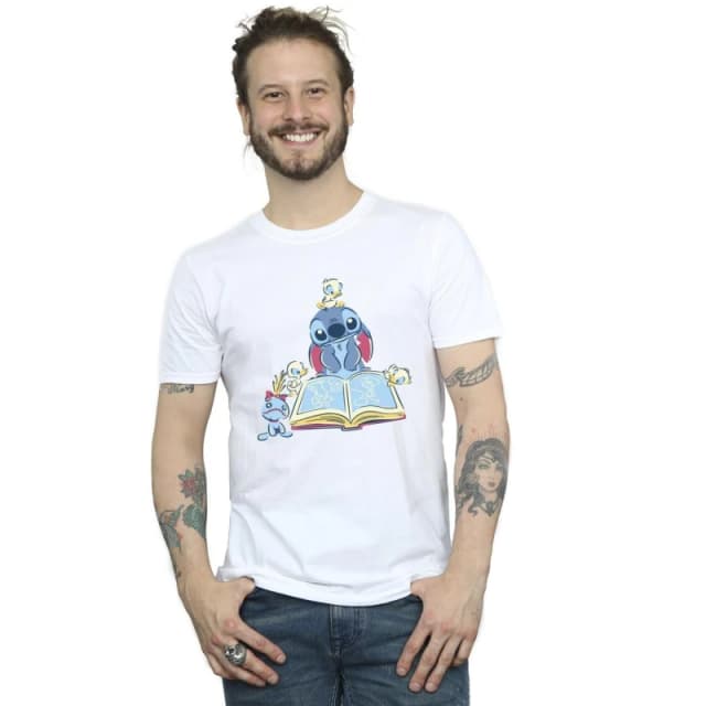 Disney Men Lilo & Stitch Reading A Book T-Shirt in White Size: Small White S Male 5063153495289