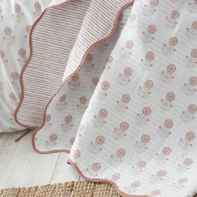 Pineapple Elephant Woodblock Floral Quilted 220cm x 230cm Bedspread Set Clay