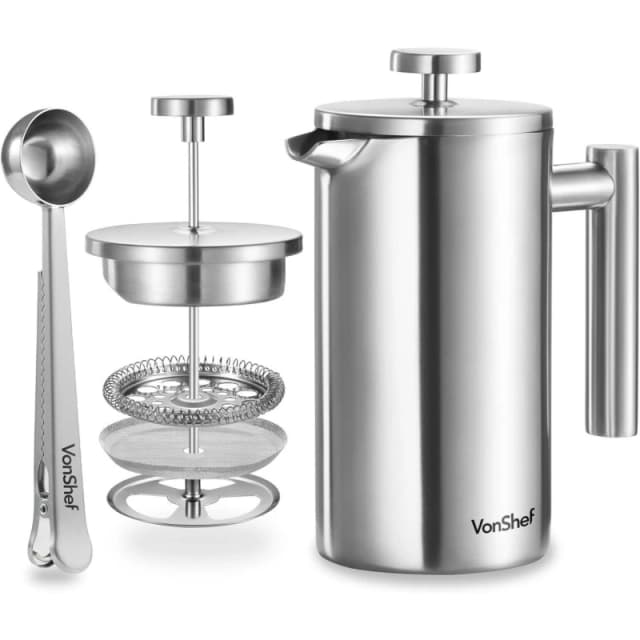 VonShef 6 Cup Cafetiere, Stainless Steel 800ml Silver unisex One Size