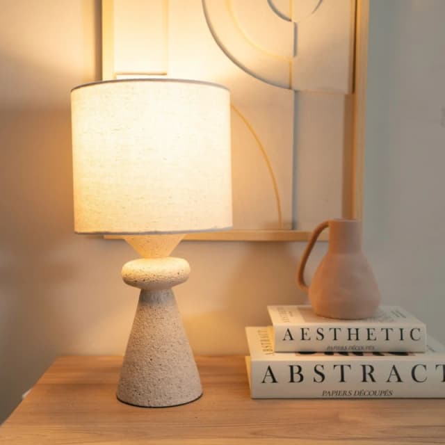 ValueLights Cady Pair of Stone Effect Natural Table Lamp with Drum Shade Cream