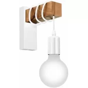 Loops - LED Wall Light / Sconce White Plate & Wood Hangman Arm 1 x 10W E27 Bulb
