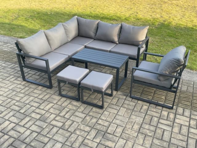 Fimous Aluminium Outdoor Garden Furniture Set Lounge Sofa Oblong Coffee Table Sets with Chair 2 Small Footstools Indoor Conservatory Set Dark Grey Dar