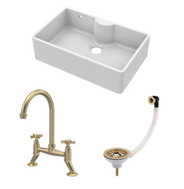 Balterley Fireclay 1 Bowl Butler Sink Overflow Waste Tap Brushed Brass 795mm White unisex