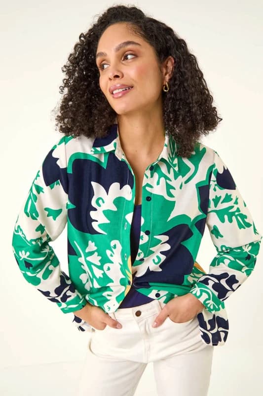 Roman Womens Border Print Buttoned Shirt Size: 12 Multicolor Female 12