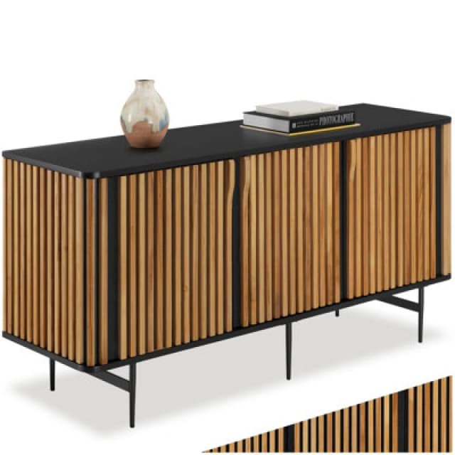 Tectake Sideboard Lineo, Slatted Design, 3 Cabinet Compartments, Solid Wood Lineo - Black/brown