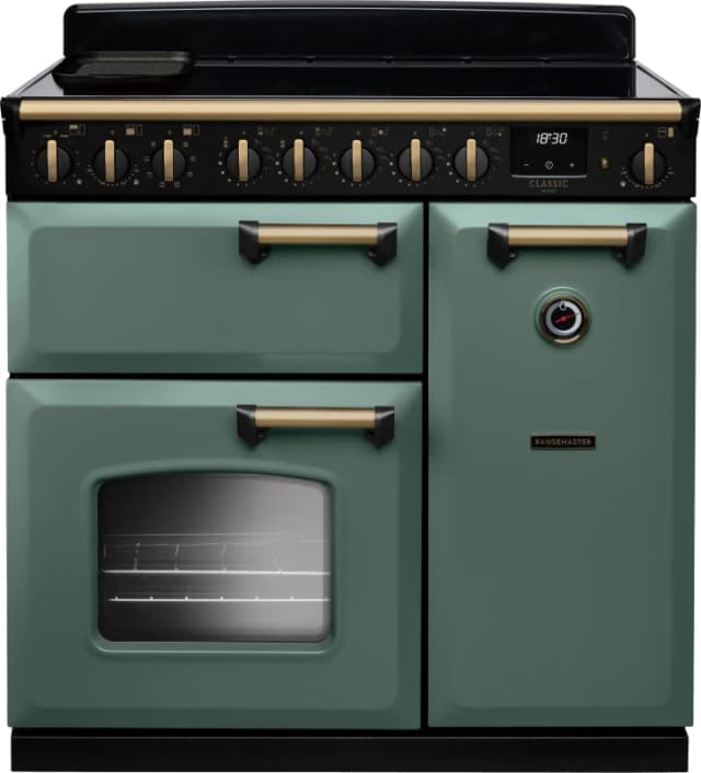 Rangemaster CLDL90EIPMGR/AB1 Classic Deluxe 90cm Induction Range Cooker Antique Brass Trim 18278 - MINERAL GREEN CLDL90EIPMGR/AB1
