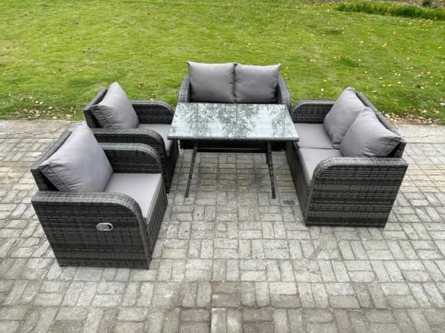 Fimous Wicker PE Rattan Garden Dining Set Outdoor Furniture Sofa with Rectangular Dining Table Dark Grey Mixed Dark Grey