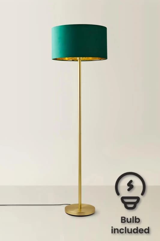 ValueLights ValueLights Charlie Gold Stem Floor Lamp with Velvet Drum with Gold Inner Shade & LED Bulb in Bottle Green Bottle Green One Size Unisex 50