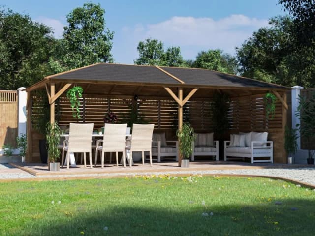 Dunster House Wooden Gazebo Kit Louvre Wall 6M X 3M Garden Shelter Roof Shingles Utopia