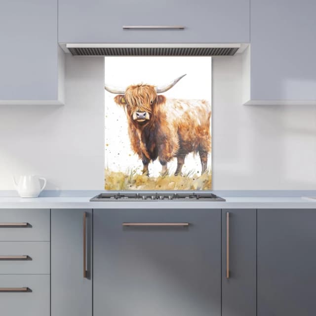 Warren Reed - Designer Watercolour Highland Cow Kitchen Splashback in Brown Size: 600mm x 750mm Brown Unisex 600mm x 750mm