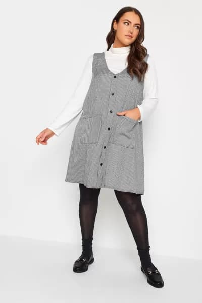 YOURS Curve Grey Check Print Button Through Pinafore Dress