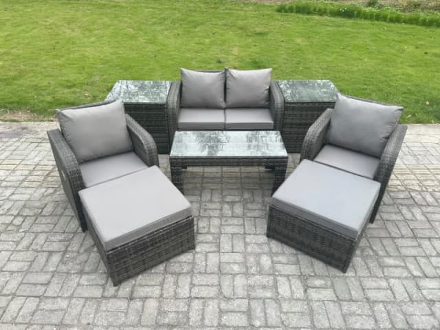 Fimous Wicker PE Rattan Garden Furniture Set Outdoor Lounge Sofa Set with Reclining Chair Coffee Table 2 Side Tables Dark Grey