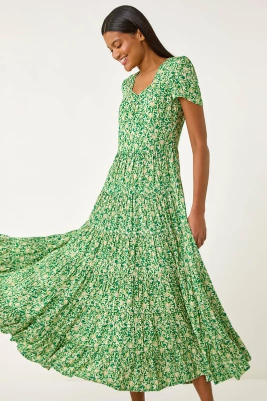 Roman Womens Floral Print Ruched Sleeve Midi Dress in Green Size: 10 Green Female 10