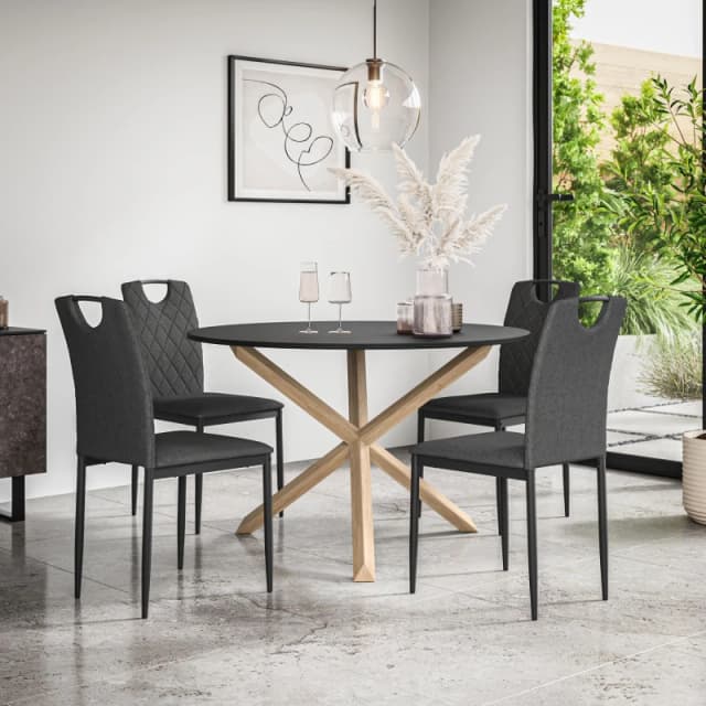 More4Homes Malvern Round Dining Table And Chairs - Black Table Top W Solid Oak Legs + Monza Fabric Dining Chair Set Of 4 (Charcoal)