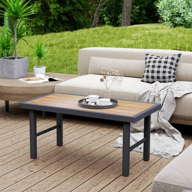 Outsunny Garden Coffee Table with SPC Woodgrain Tabletop, Brown Wood Effect, Brown 84G-654V00BN