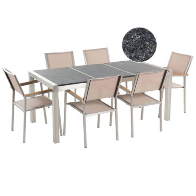 Beliani Garden Dining Set 6 Seater Grosseto Triple Plate Basalt Flamed Black/ Beige