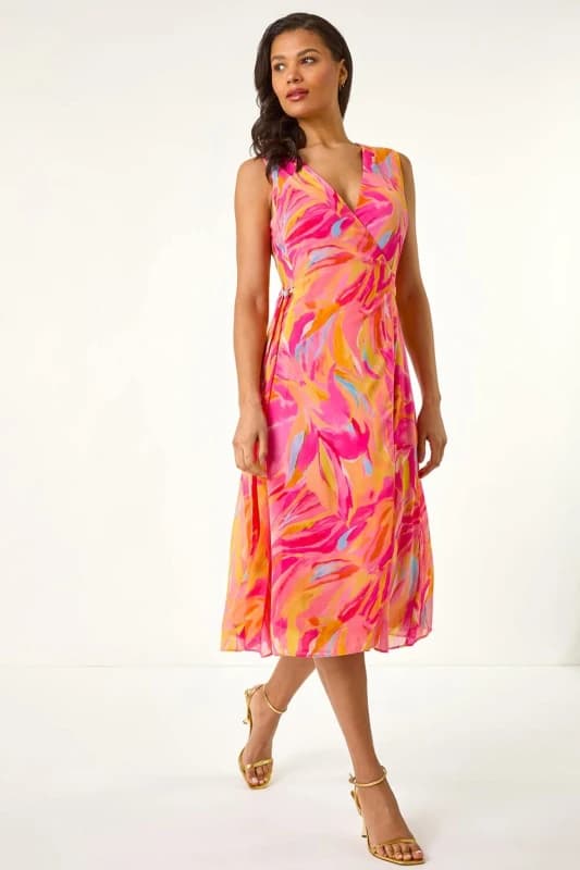 Roman Womens Floral Print Wrap Chiffon Midi Dress in Pink Size: 10 Pink Female 10